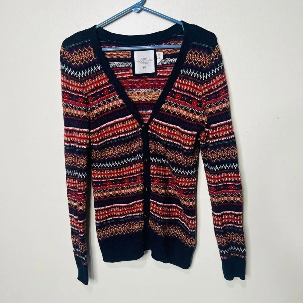 H&M L.O.G.G. Navy Blue Multicolor nordic sweater cardigan Sz S Grandpa Patch Elb